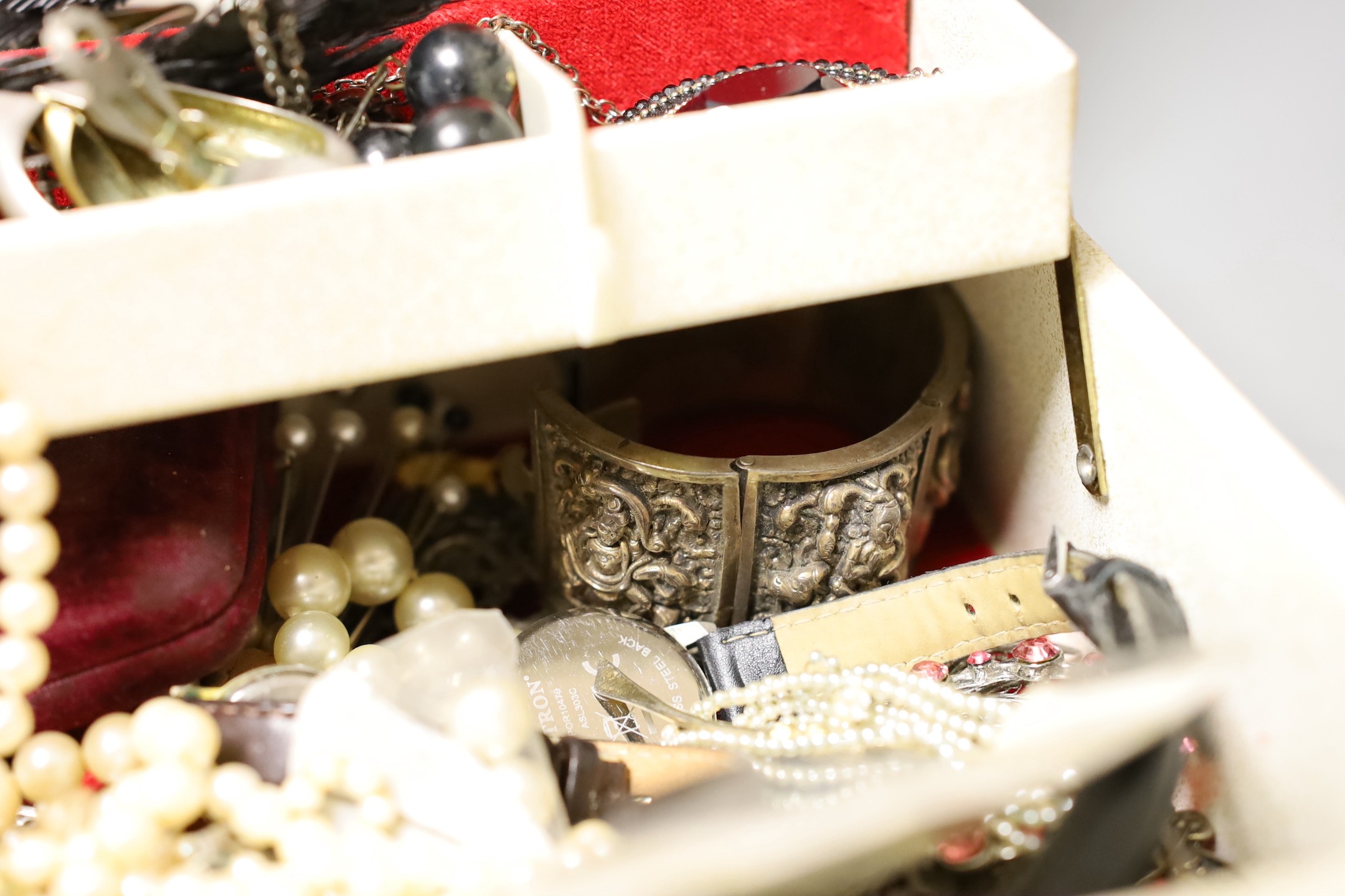 A collection of assorted costume jewellery etc. including a 19th century pinchbeck muff chain, 112cm, a lady's Rotary wrist watch, a lady's Omega wrist watch and a double strand graduated cultured pearl necklace with whi